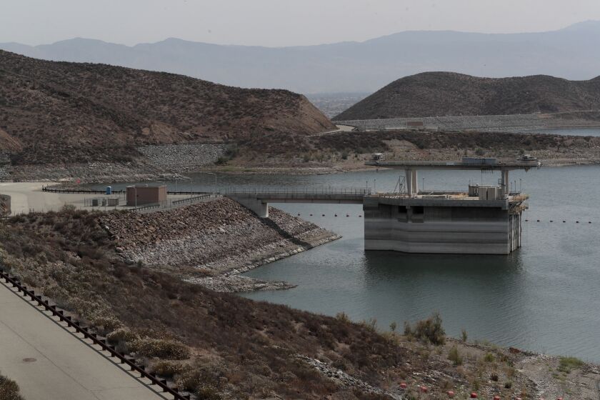 Hemet, CA, Wednesday, June 16, 2021 - Diamond Valley Lake in Riverside County, the major drinking water storage facility for 18 million Southern Californians, as well as an insurance policy against just such a dry time as this. The Metropolitan Water District's 21-year-old reservoir holds enough drinking water to meet the region's emergency needs for six months.The inlet/outlet tower runs nearly 200 ft. below the shrinking water surface. (Robert Gauthier/Los Angeles Times)