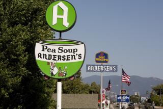 BUELLTON, SANTA YNEZ VALLEY, SANTA BARBARA COUNTY, CA - 2009: The sign in front of Andersen's Splt Pea Soup Restaurant is seen in this 2009 Buellton, Santa Ynez Valley, Santa Barbara County, California, afternoon photo. (Photo by George Rose/Getty Images)