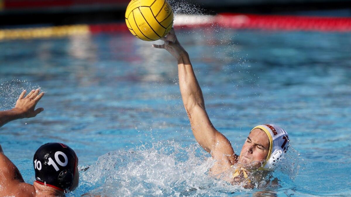 Estancia High's Logan Richard, shown firing a shot at Tustin on Oct. 23, scored five goals in the Eagles' 15-5 win over Riverside Ramona in the first round of the CIF Southern Section Division 6 playoffs on Tuesday.