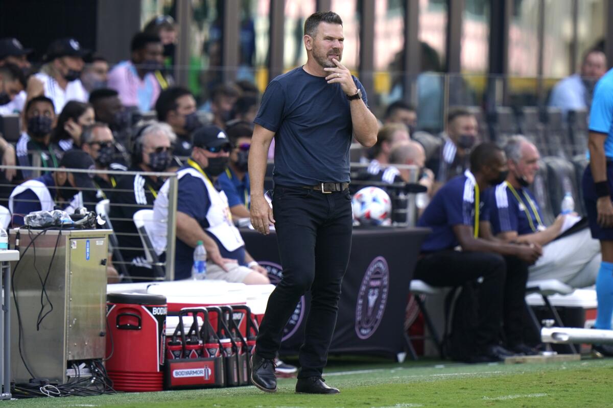 Galaxy coach Greg Vanney watches his team play Inter Miami