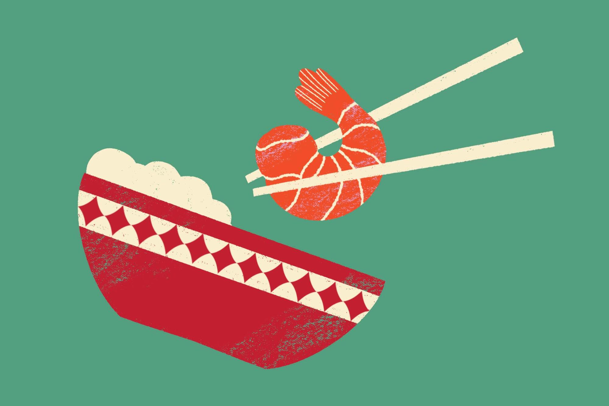 Illustration of chopsticks holding a shrimp over a bowl of white rice