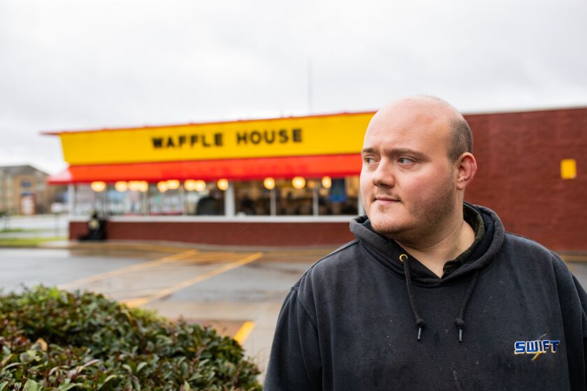 Cartersville, GA - MARCH 23: Joey Camp stands off the property line of a neighborhood Waffle House. (Photo by Carmen Mandato/Los Angeles Times)