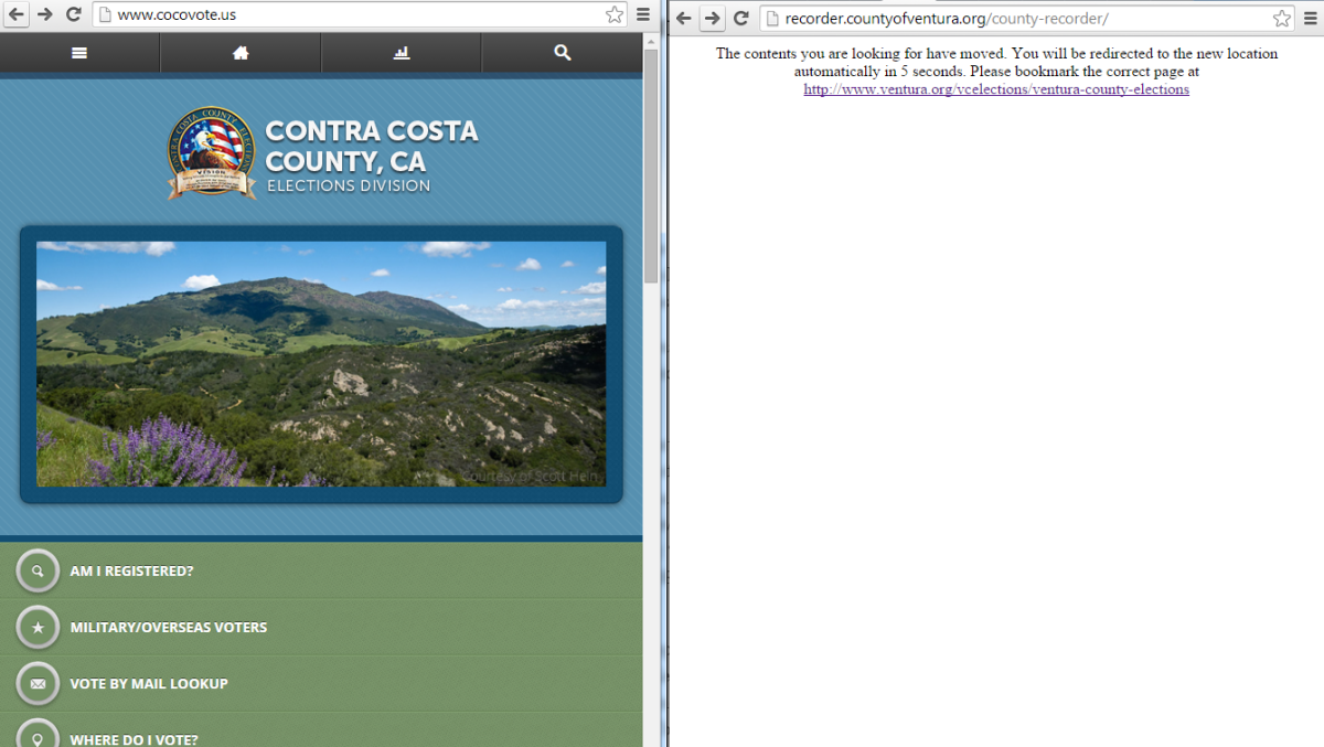 Screenshots of the restored Contra Costa County election hub, left, and the unavailable Ventura County website, right.