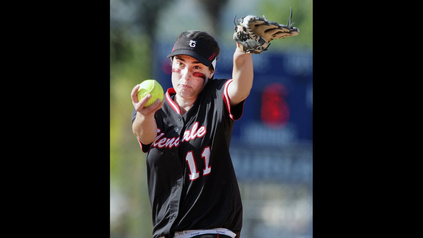 Glendale's pitcher Jordan Lousararian in the sixth inning against Burbank in a Pacific League girls' softball game at McCambridge Park on Wednesday, April 13, 2016. Glendale won the game 6-5.