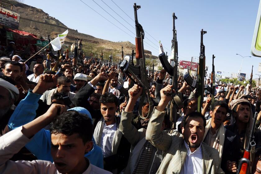 Houthi supporters rally in the Yemeni capital, Sana, on April 22 to demand an end to Saudi-led airstrikes that have inflicted heavy damage and chaos across the Arab world's poorest country.