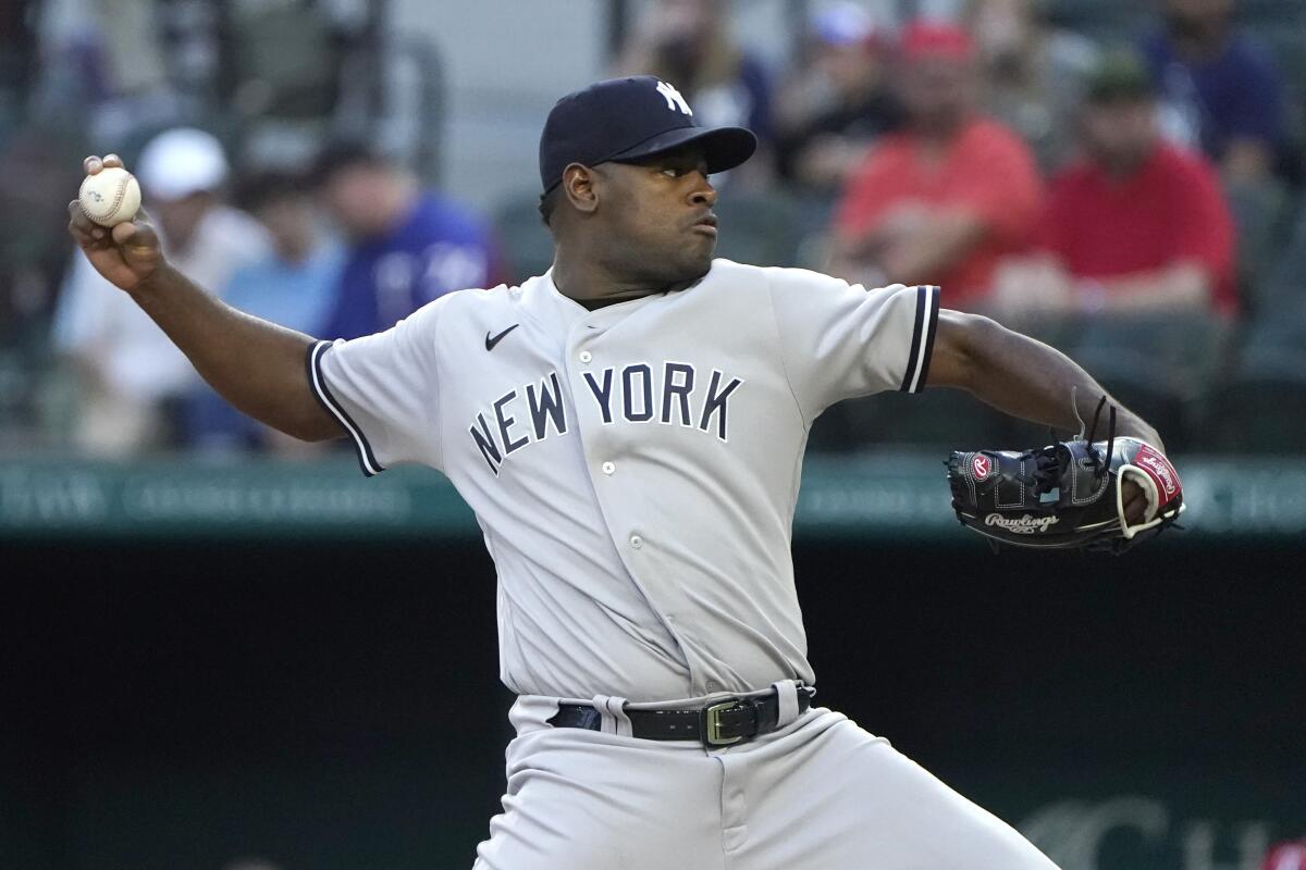 New York Yankees' Luis Severino throws during the first inning of a baseball game against the Texas Rangers in Arlington, Texas, Monday, Oct. 3, 2022. (AP Photo/LM Otero)