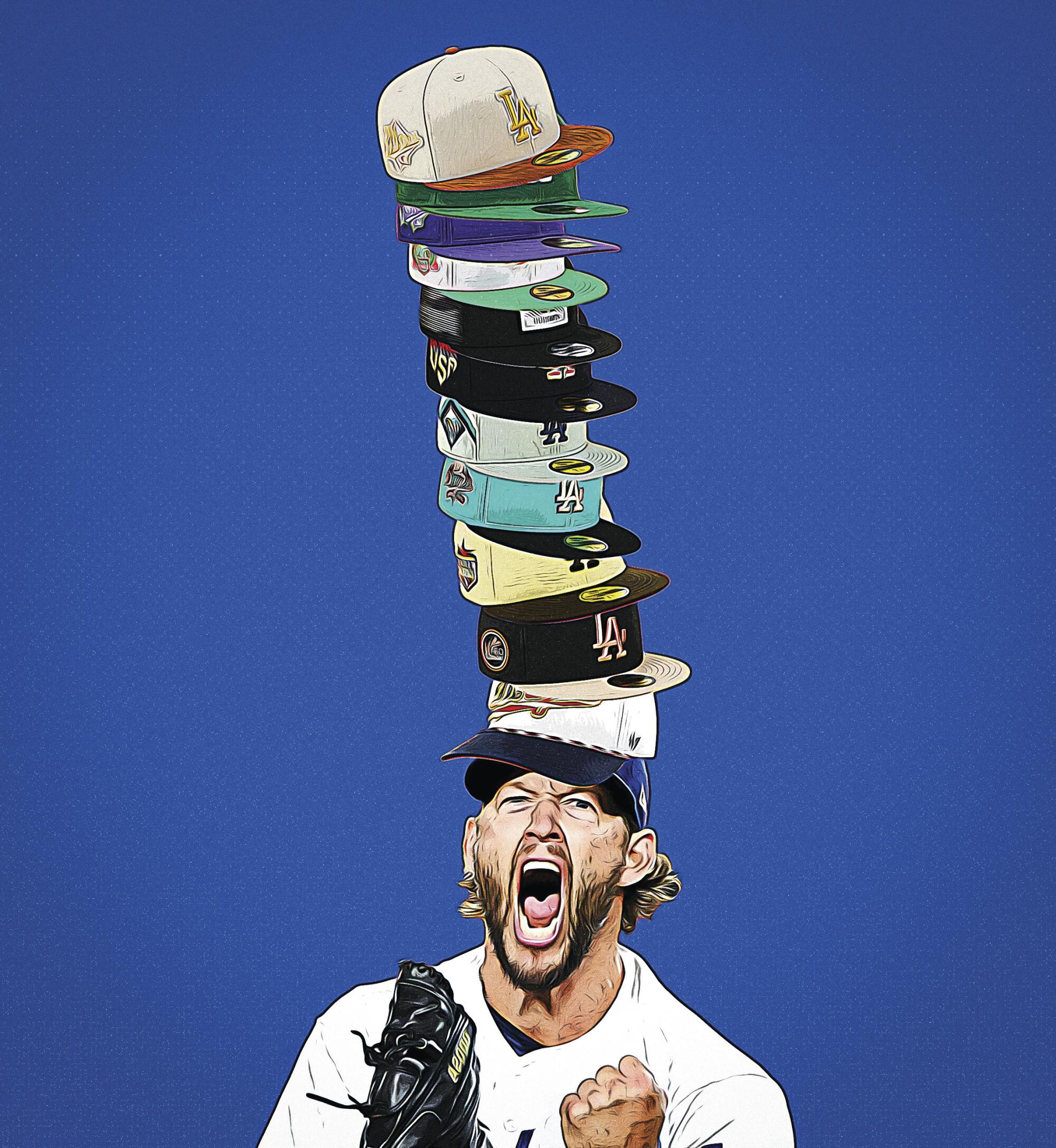 Clayton Kershaw is shown wearing a variety of multi-color Dodger caps.