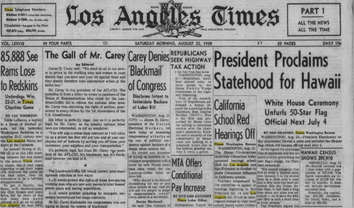 A headline on the front page of the Aug. 22, 1959, edition of the Los Angeles Times.