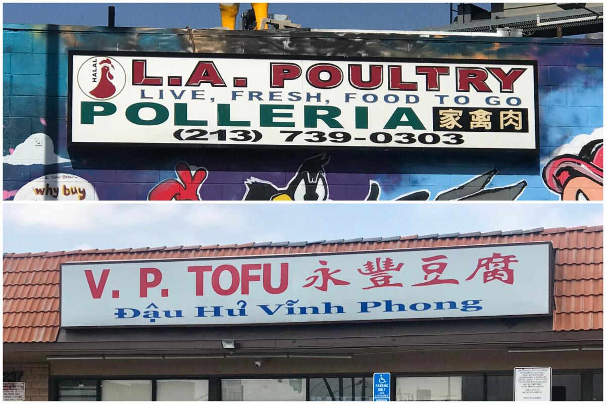 A diptych showing (above) a poultry shop sign with three languages and (below) three languages on a restaurant sign
