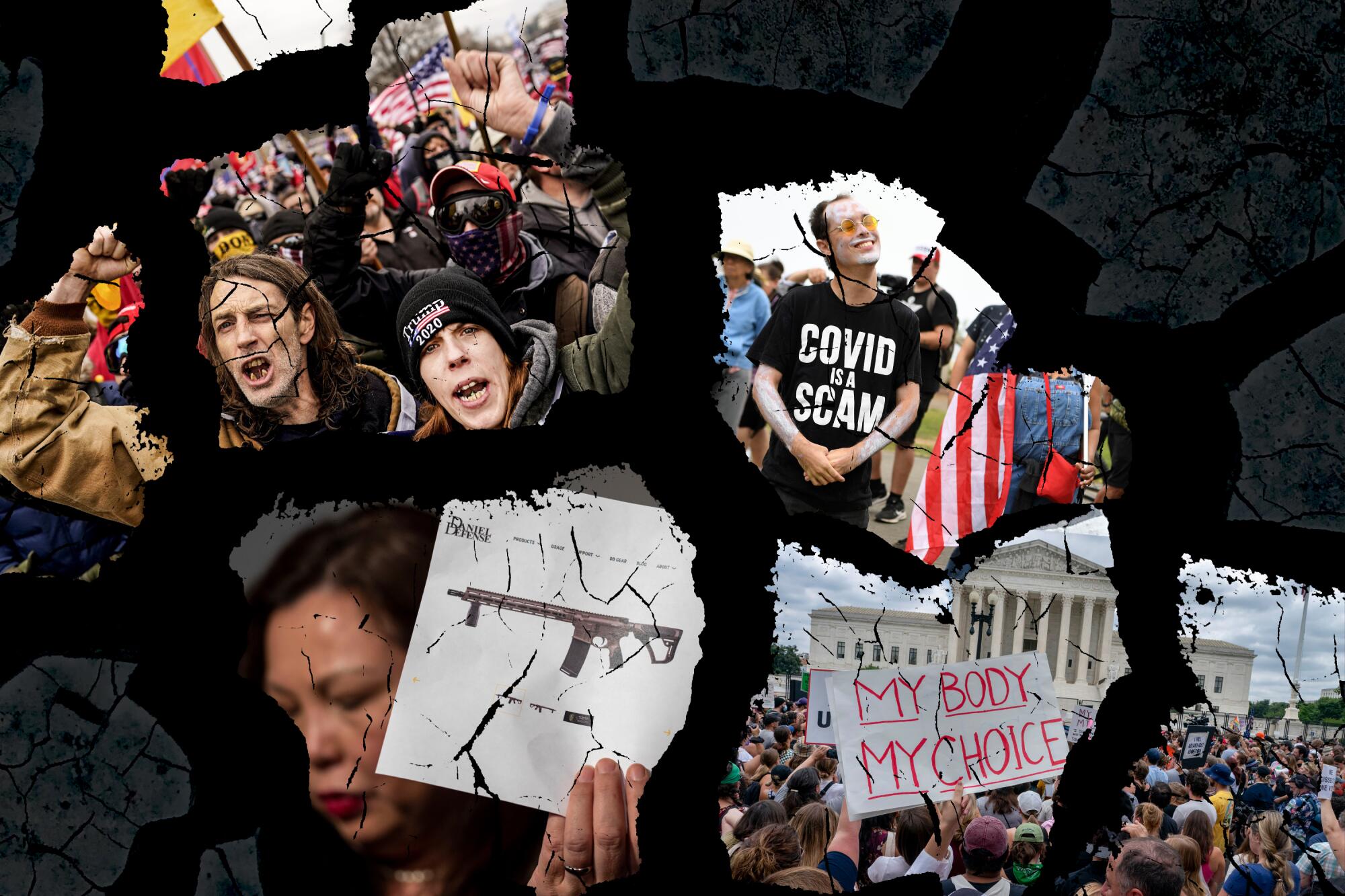 Collage of fractured photos; Jan. 6 rally, a man wearing 'COVID is a scam', a gun on a document, a My Body, My Choice sign