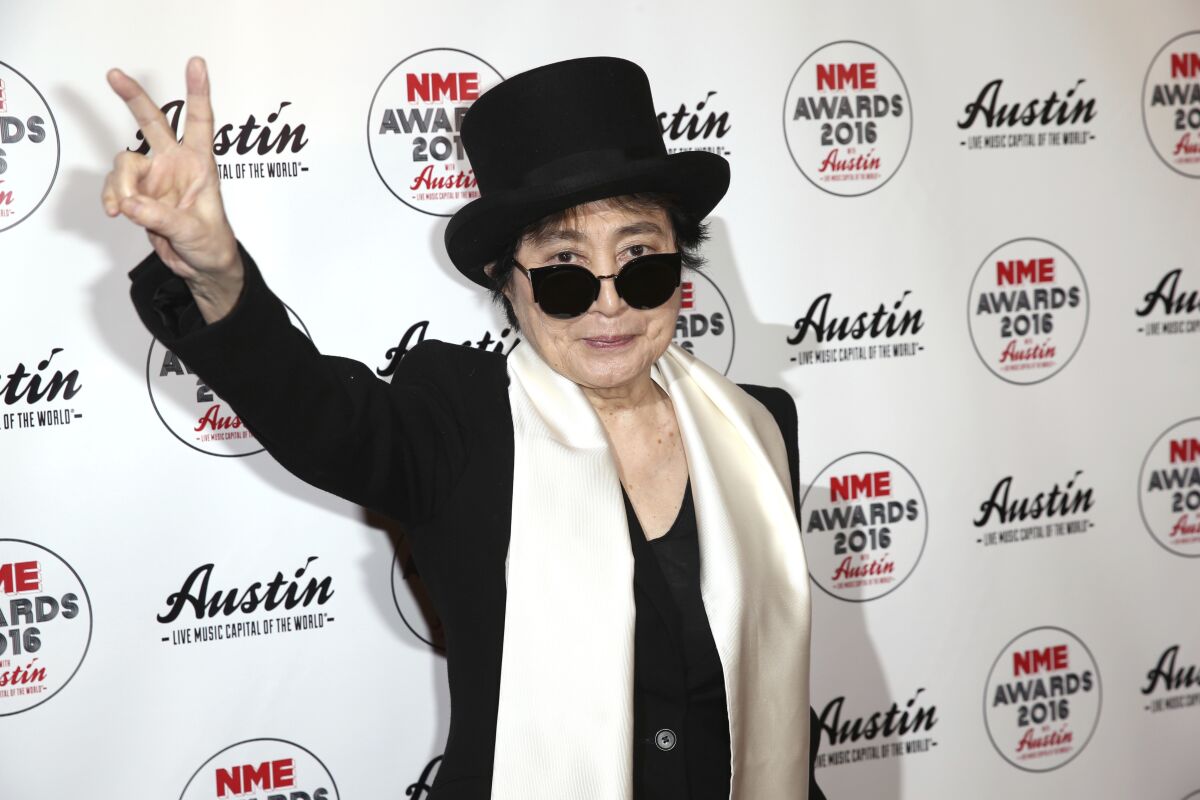FILE - Yoko Ono appears at the NME 2016 music awards in London on Feb. 17, 2016. A tribute album, “Ocean Child: Songs of Yoko Ono,” a 14-track album of covers by various artists, releases on Friday. (Photo by Joel Ryan/Invision/AP, File)