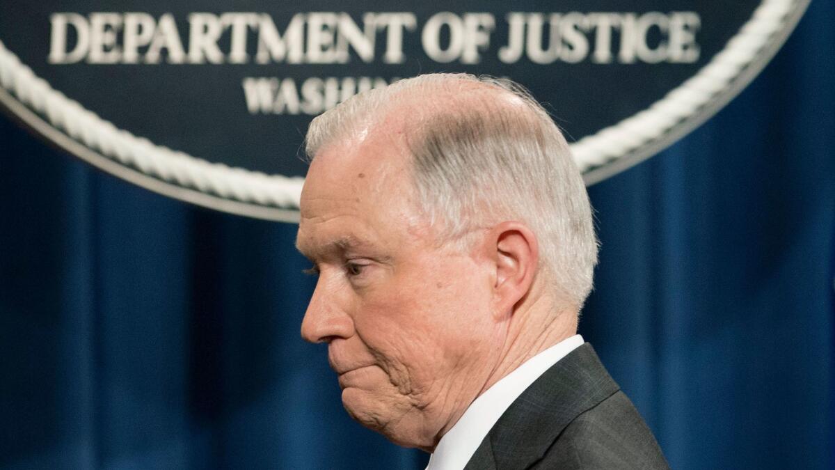 Atty. Gen. Jeff Sessions concludes a news conference at the Justice Department where he announced that he would recuse himself from any current or future investigations into Russian ties to the Trump campaign.