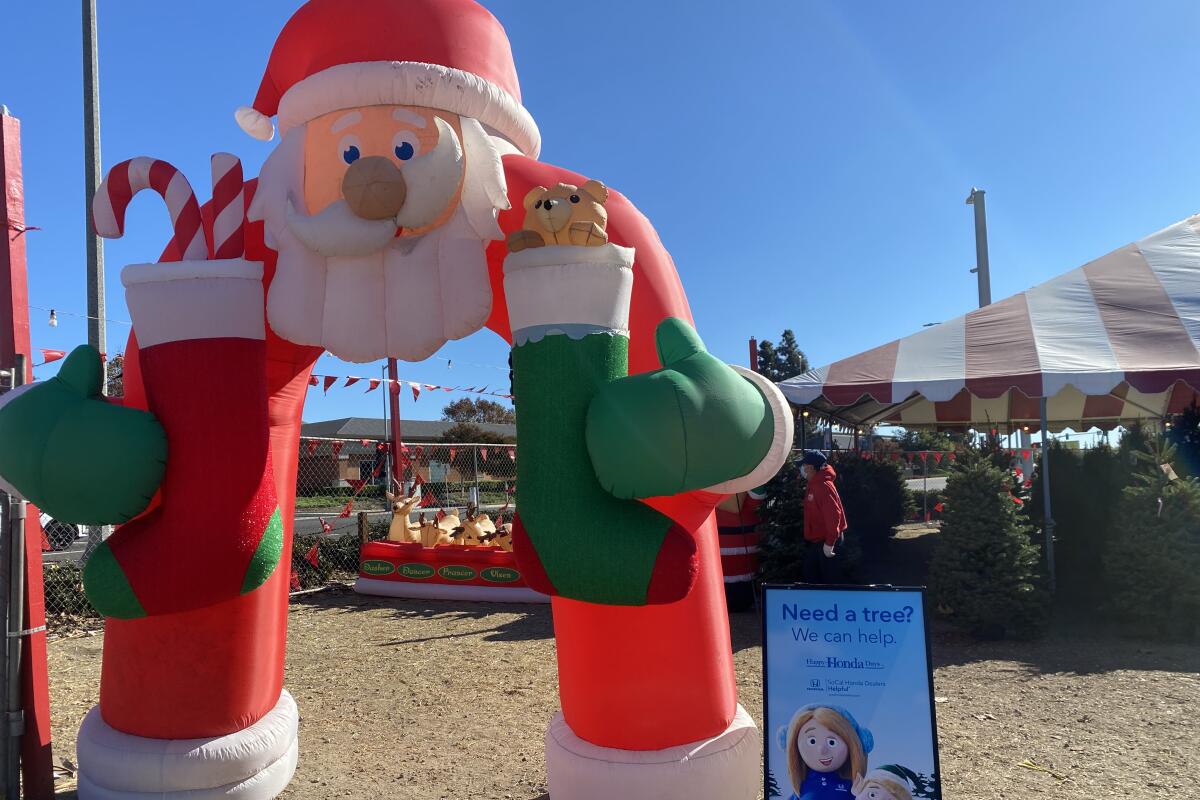 A giant inflatable Santa Claus arch next to a striped-top tent full of Christmas trees