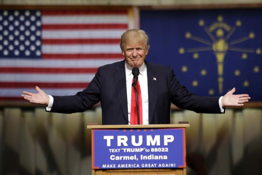 Republican presidential candidate Donald Trump speaks during a rally in Carmel, Ind., on Monday.