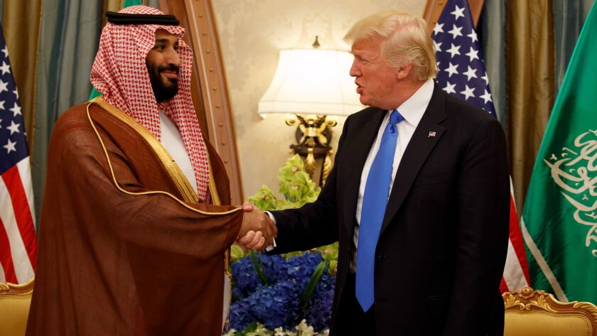 President Donald Trump shakes hands with Saudi Crown Prince and Defense Minister Mohammed bin Salman during a meeting in Riyadh on May 20.