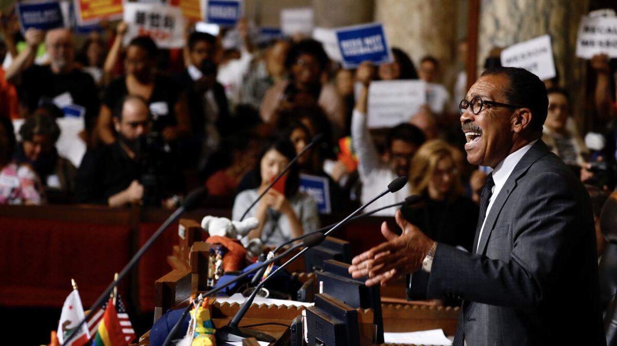 Los Angeles City Council President Herb Wesson gives a speech about the need for temporary homeless housing in June.