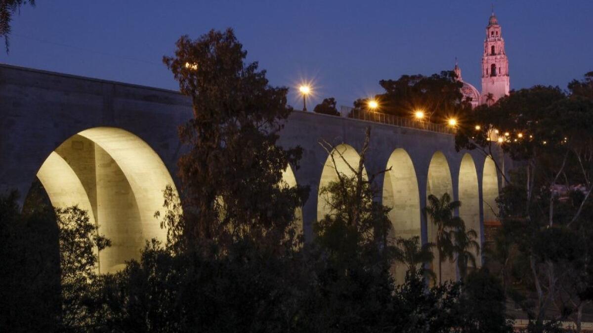 The arches of the Cabrillo Bridge, which spans over State Route 163 to Balboa Park.