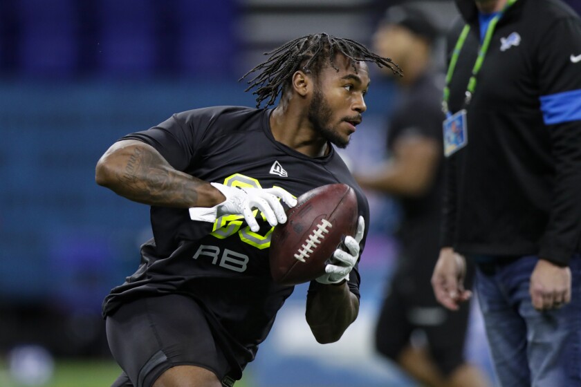Georgia running back D'Andre Swift runs a drill at the NFL scouting combine in Indianapolis on Feb. 28.