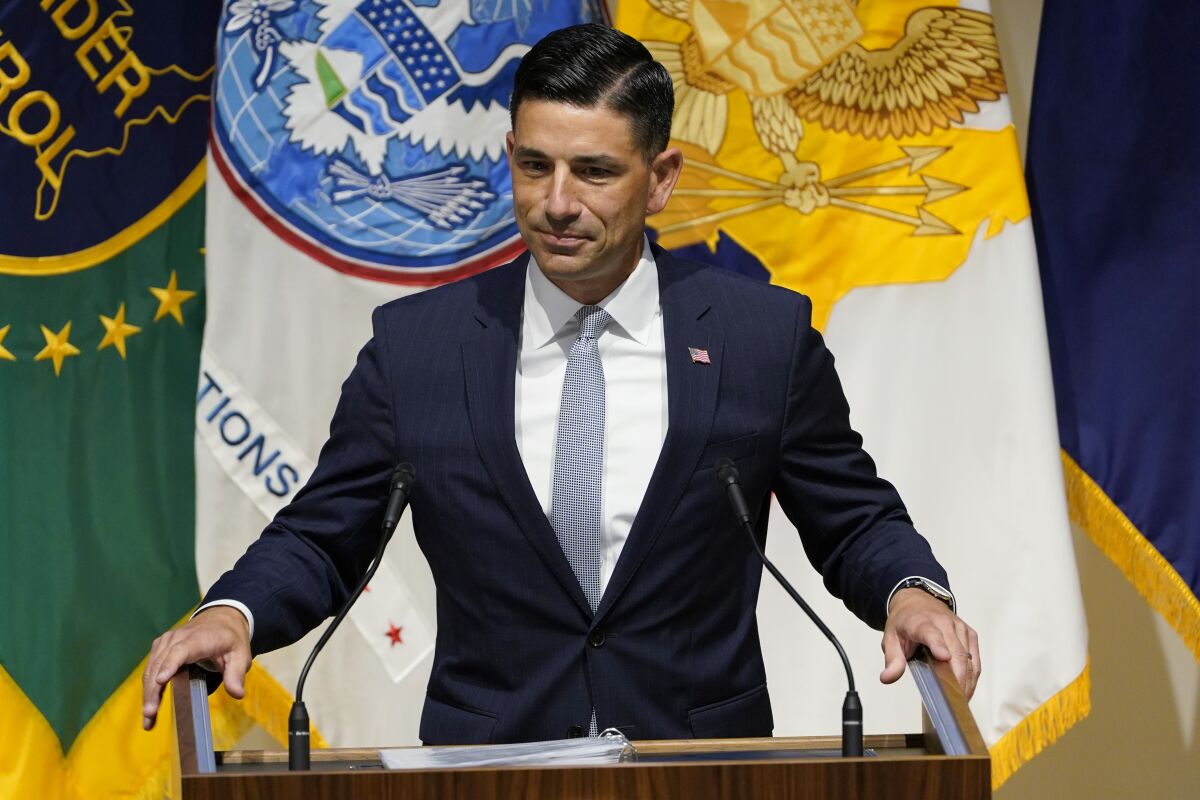 Department of Homeland Security Acting Secretary Chad Wolf speaks during an event at DHS headquarters in Washington, Wednesday, Sept. 9, 2020. (AP Photo/Susan Walsh)