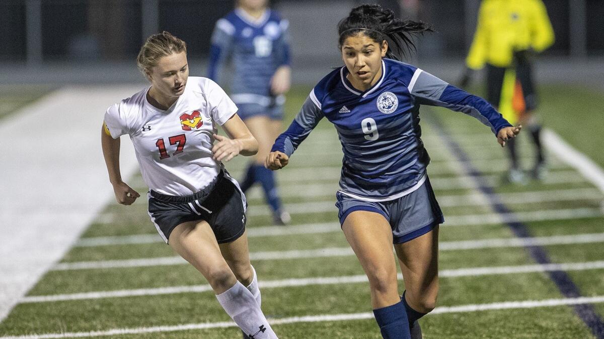 Newport Harbor's Skylynn Rodriguez, seen on Feb. 6, scored in both of the Sailors' matches in the Best in the West Winter Classic on Saturday.