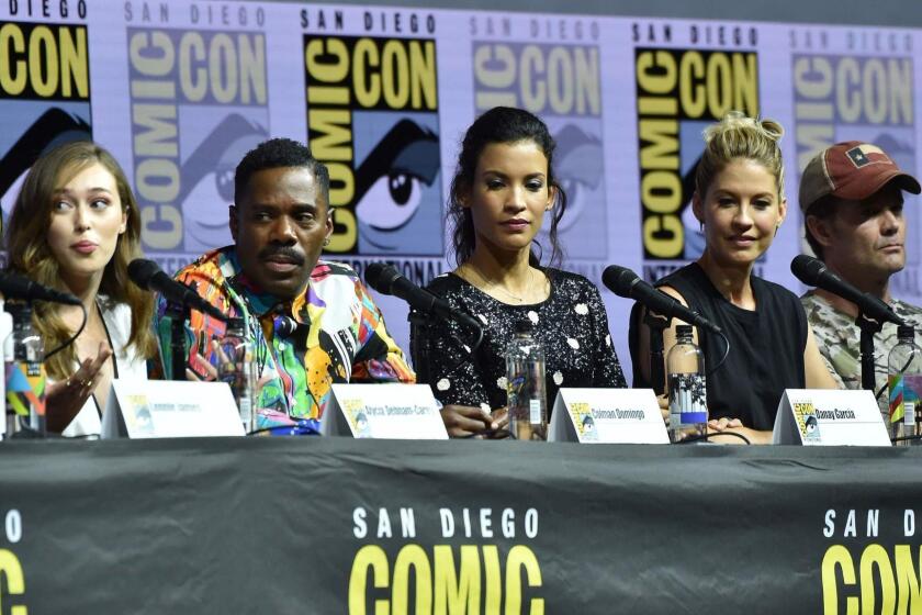 (L-R): Alycia Deb-Carey, Colman Domingo, Danay Garcia, Jenna Elfman, and Garret Dillahunt participate in the panel discussion for "Fear the Walking Dead" during Comic Con Internatiional 2018 on in San Diego, California, July 20, 2018. / AFP PHOTO / Chris DelmasCHRIS DELMAS/AFP/Getty Images ** OUTS - ELSENT, FPG, CM - OUTS * NM, PH, VA if sourced by CT, LA or MoD **