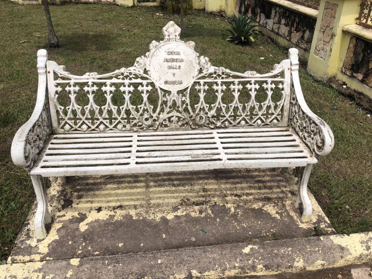 A bench outside the huge Catholic church in El Espiritu, Honduras