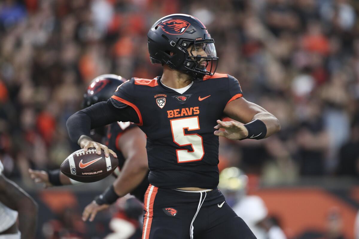 Oregon State quarterback DJ Uiagalelei has helped Oregon State to two wins this season after transfer from Clemson.