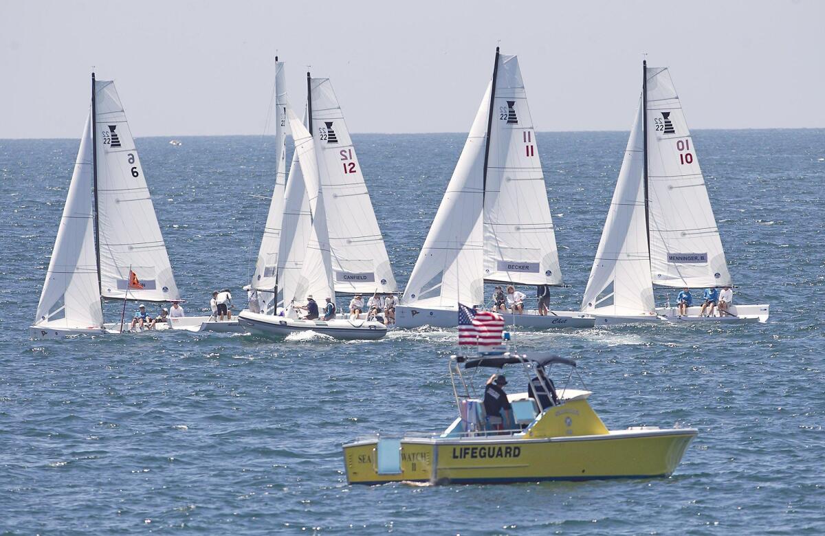 Racers turn into the wind in the Governor's Cup alumni regatta held Saturday off Newport Beach. The 2016 Governor's Cup International Youth Match Racing Championship, hosted by the Balboa Yacht Club, began Tuesday and runs through Saturday.