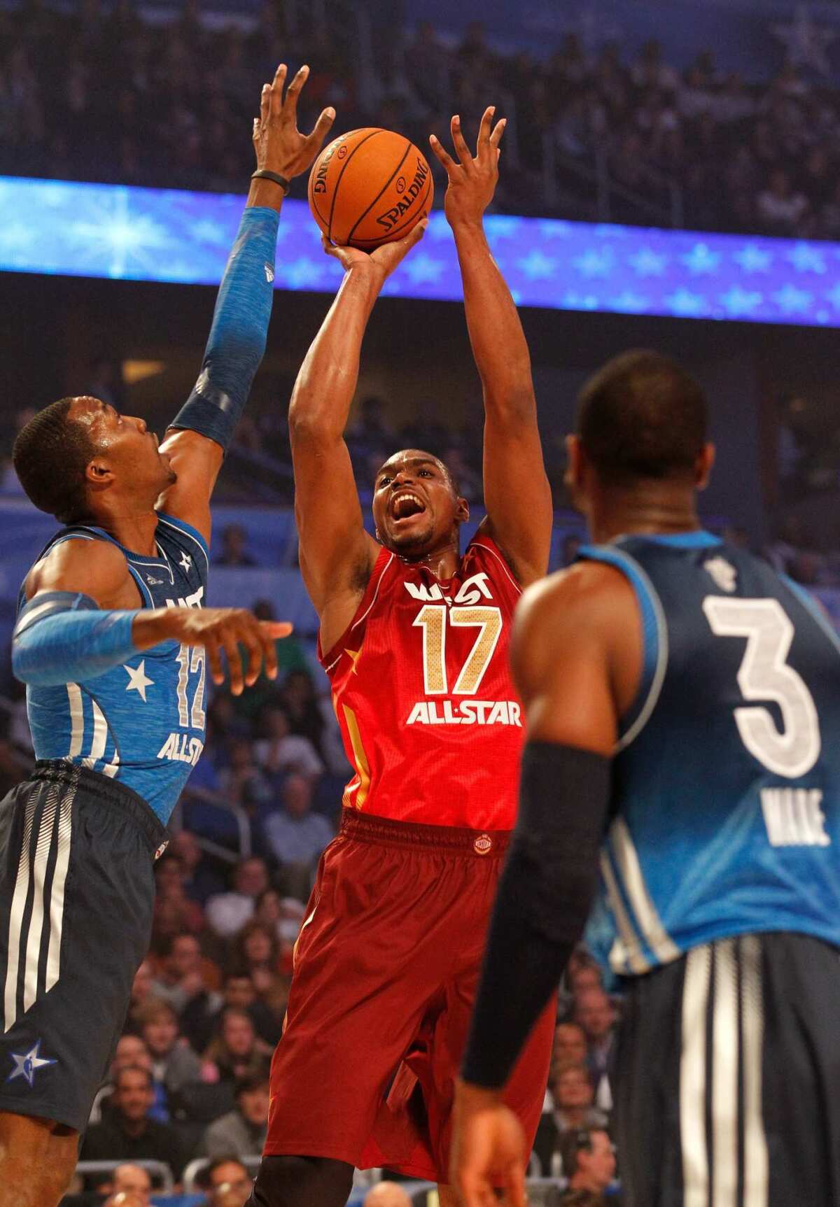 Lakers center Andrew Bynum missed three early shots in the NBA All-Star game on Sunday in Orlando. He played five minutes before sitting out the rest of the game with a sore knee.