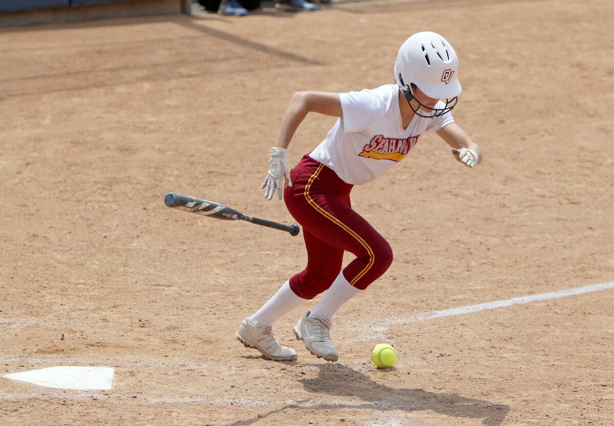 Ocean View sophomore Emma Craft sprints for first base after a bunt during the seventh inning against Western Christian.