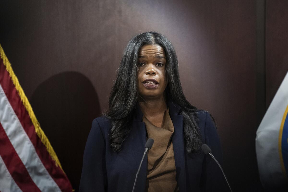 Cook County State's Attorney Kim Foxx speaks during a news conference at the Cook County State's Attorney's Office in the Loop, where she announced charges against two Chicago police officers Ruben Reynoso and Sgt. Christopher Liakopoulos, Friday, Sept. 16, 2022 in Chicago. Two Chicago police officers face felony charges for allegedly shooting and seriously wounding an unarmed man during a July shootout on the city’s southwest side that also wounded a second man, authorities said Friday. (Pat Nabong/Chicago Sun-Times via AP)