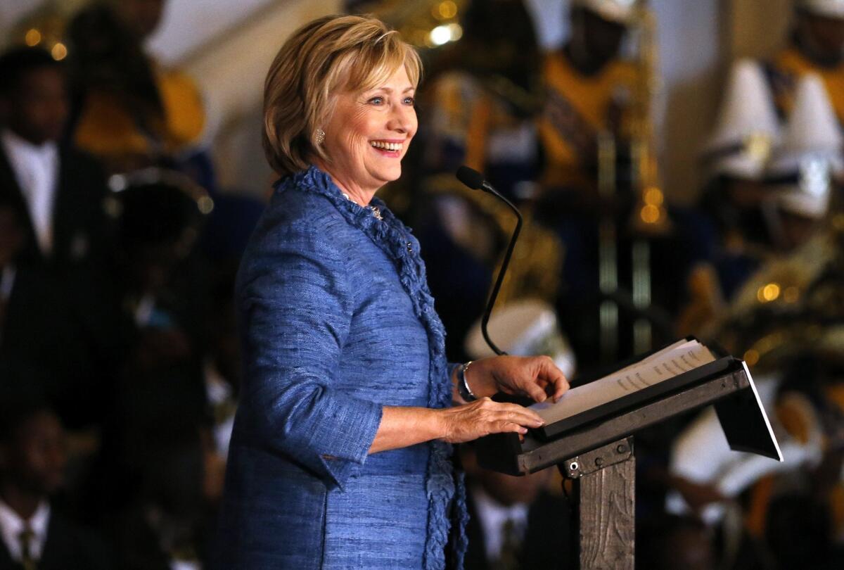 Democratic presidential candidate Hillary Rodham Clinton speaks during a campaign stop in Baton Rouge, La.