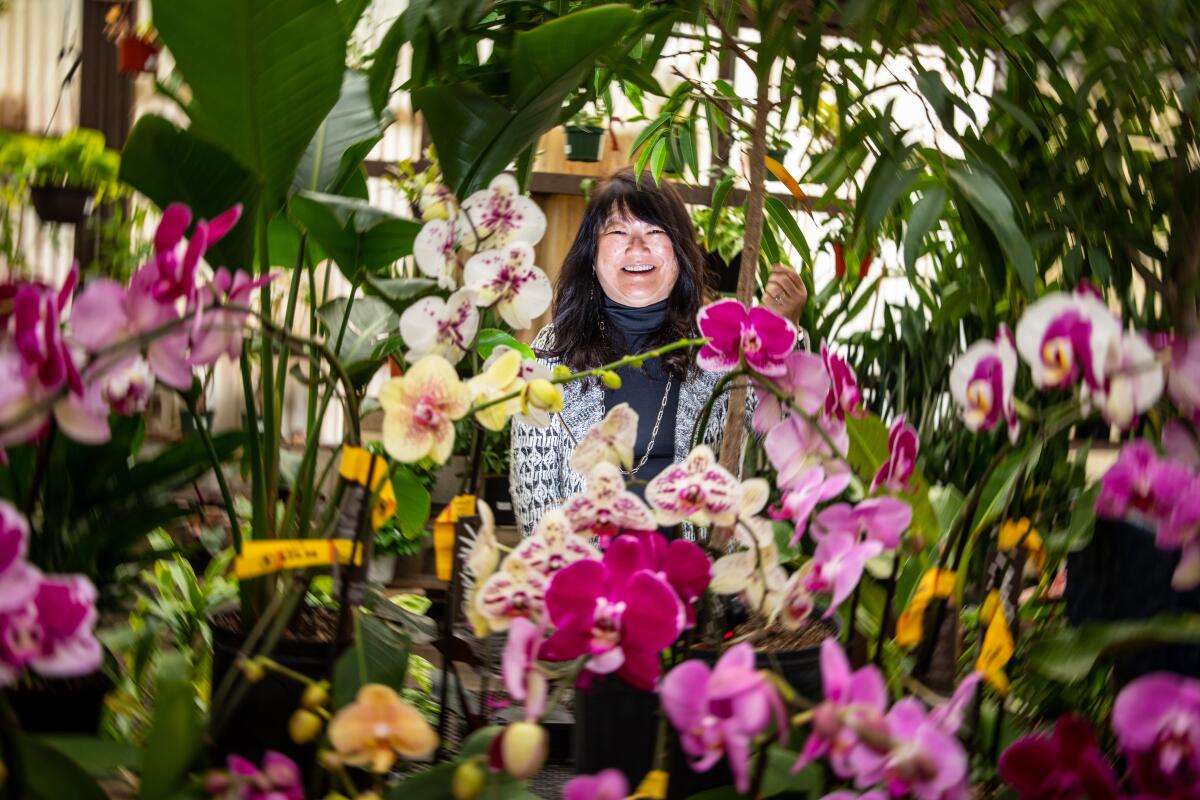 Mary Ishihara Swanton smiles from behind orchids at San Gabriel Nursery & Florist.