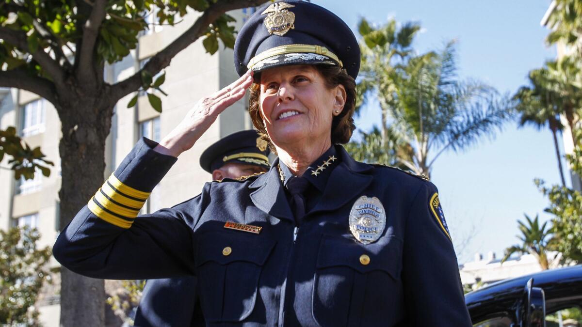 Outgoing San Diego Police Chief Shelley Zimmerman does her final salute during the San Diego Police Department's change of command and walk-out ceremony on March 1.