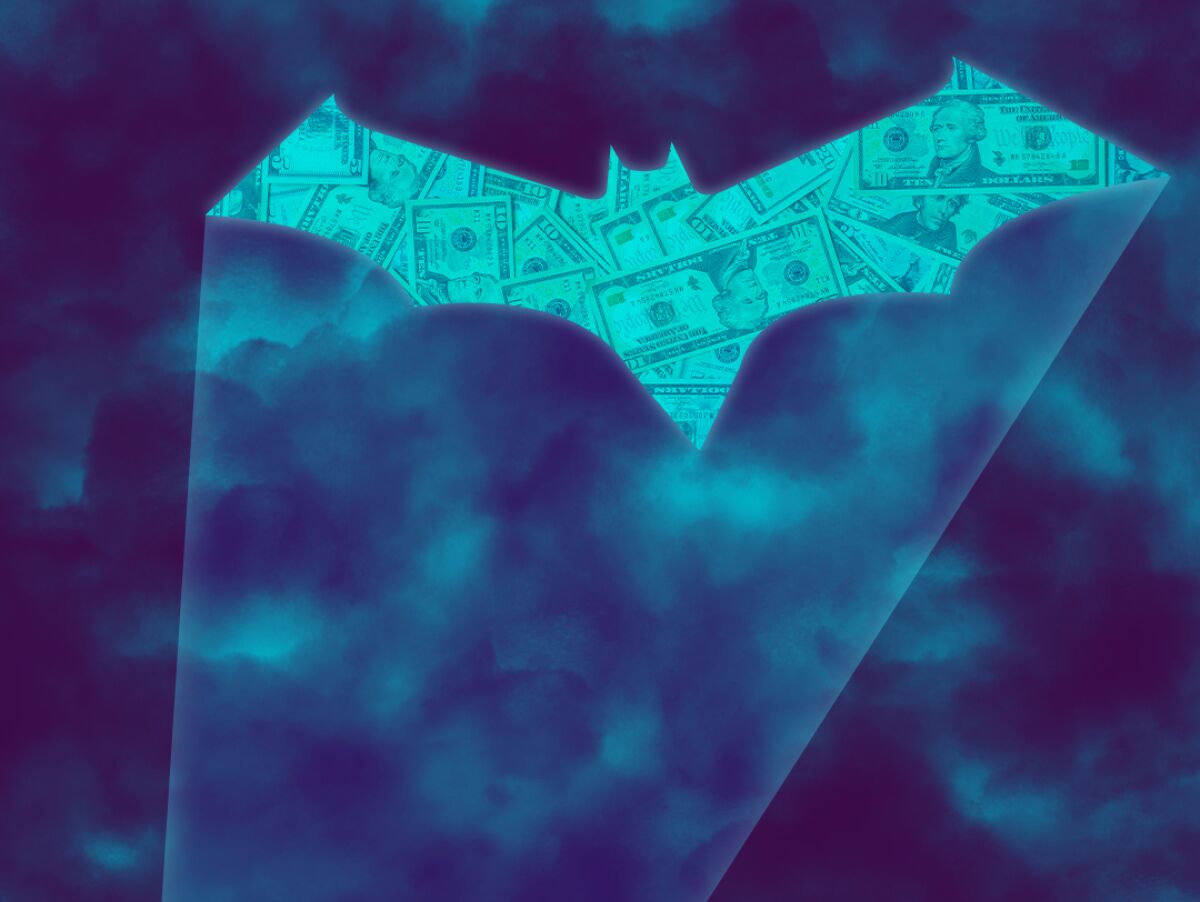 Illustration of the bat signal silhouette filled with cash.