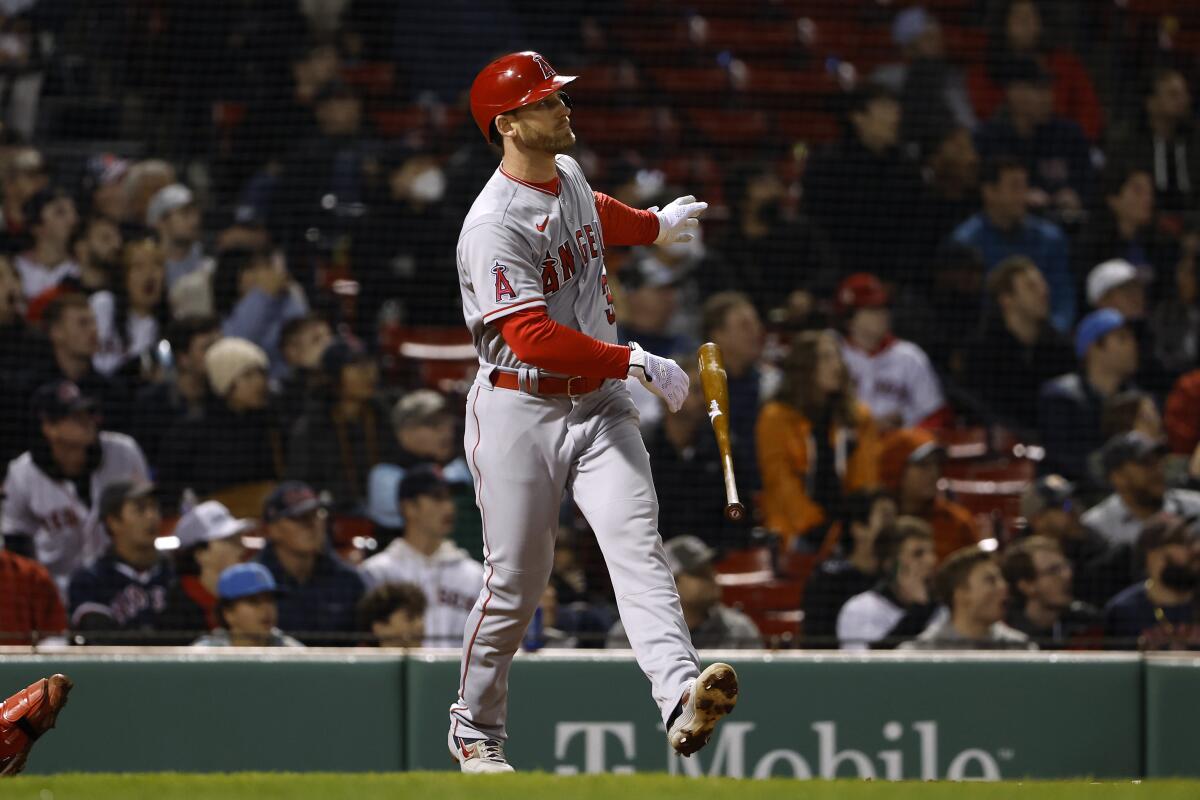 Angels' Taylor Ward watches his two-run home run against the Boston Red Sox.
