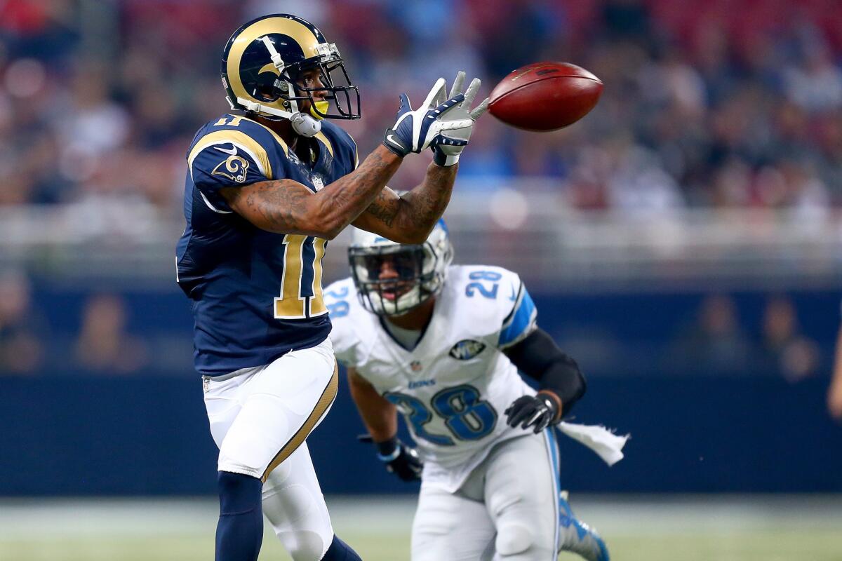 Rams wideout Tavon Austin catches a pass against the Lions during a game on Dec. 13.