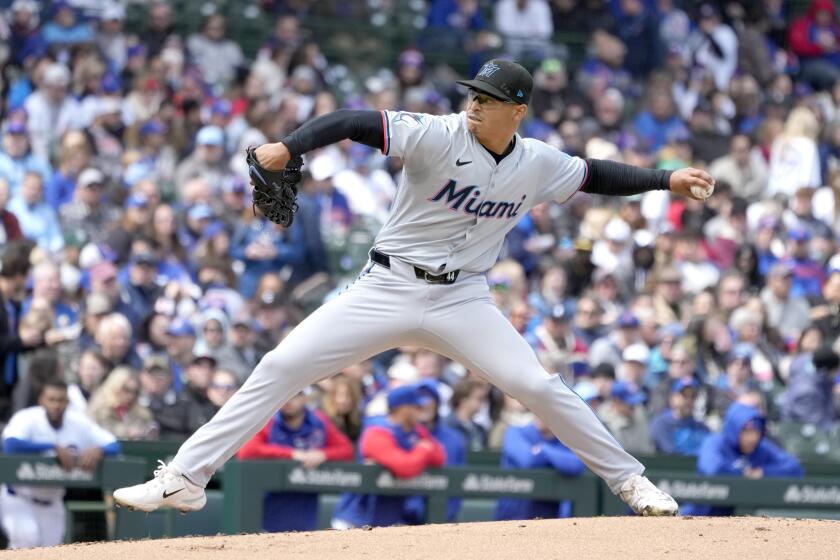 Miami Marlins starting pitcher Jesús Luzardo delivers during the first inning in the first baseball game of a doubleheader against the Chicago Cubs, Saturday, April 20, 2024, in Chicago. (AP Photo/Charles Rex Arbogast)