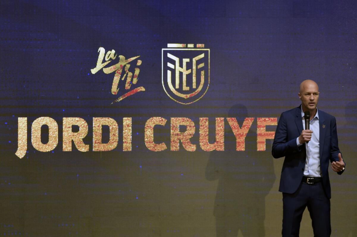 The new coach of the Ecuadorean national football team, Dutchman Jordi Cruyff, speaks during his presentation at the headquarters of the team in Quito, on January 13, 2020. (Photo by Rodrigo BUENDIA / AFP) (Photo by RODRIGO BUENDIA/Afp/AFP via Getty Images) ** OUTS - ELSENT, FPG, CM - OUTS * NM, PH, VA if sourced by CT, LA or MoD **