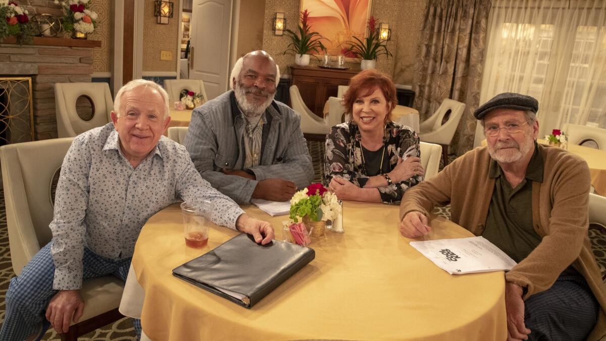 Cast of new Fox sitcom 'The Cool Kids' starring from left, Leslie Jordan, David Allen Grier, Vicki Lawrence and Martin Mull on the set in Los Angeles.