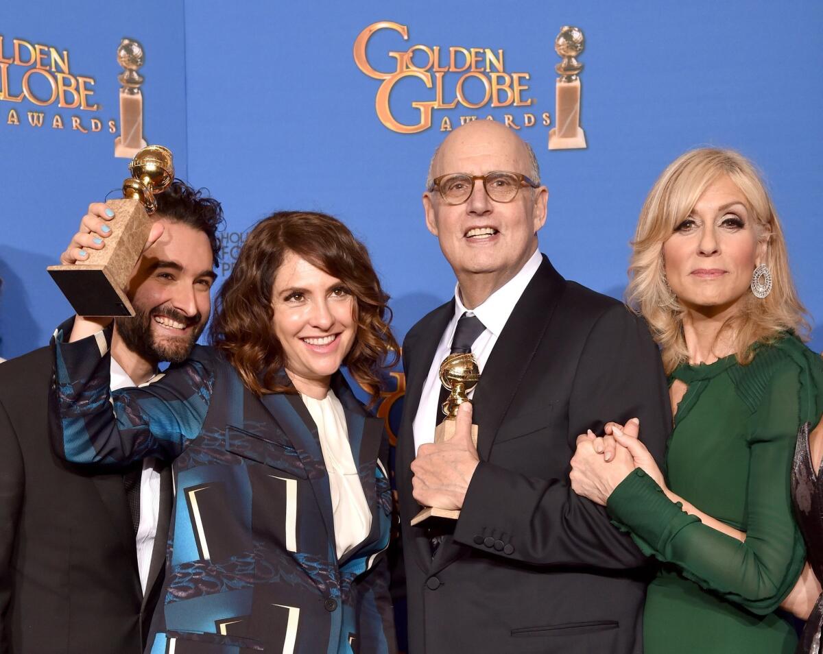 Actor Jay Duplass, left, writer/producer/director Jill Soloway, and actors Jeffrey Tambor and Judith Light of Amazon's "Transparent" at the 72nd Annual Golden Globe Awards.