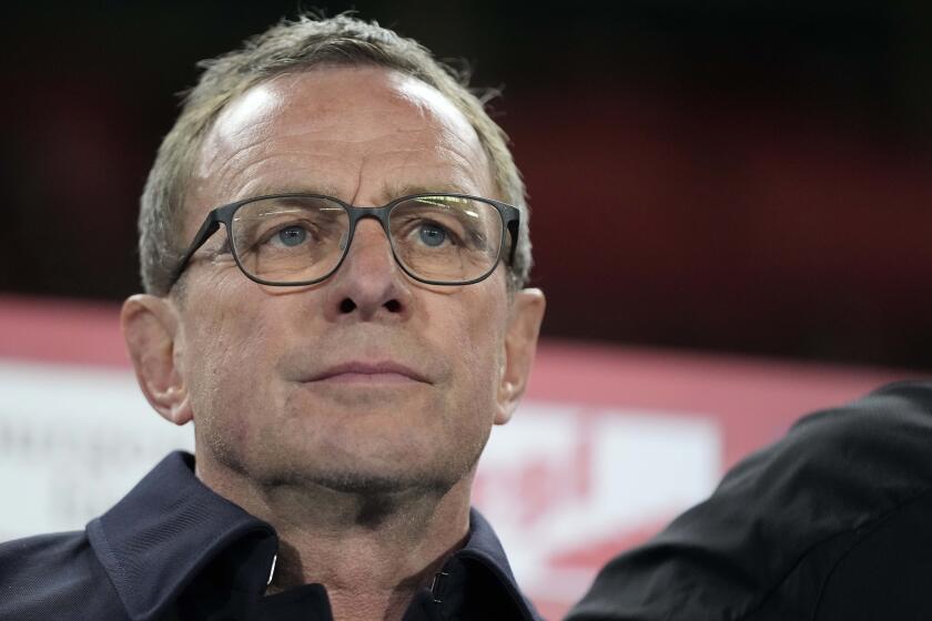 FILE - Austria's head coach Ralf Rangnick awaits the beginning of an international friendly soccer match between Austria and Turkey in Vienna, Austria, Tuesday, March 26, 2024. Austria coach Ralf Rangnick has confirmed he is a candidate to take over at Bayern Munich next season. “There has been contact from Bayern Munich,” Rangnick told Austrian website 90minuten.at in an interview on Wednesday, April 24, 2024. (AP Photo/Matthias Schrader, File)