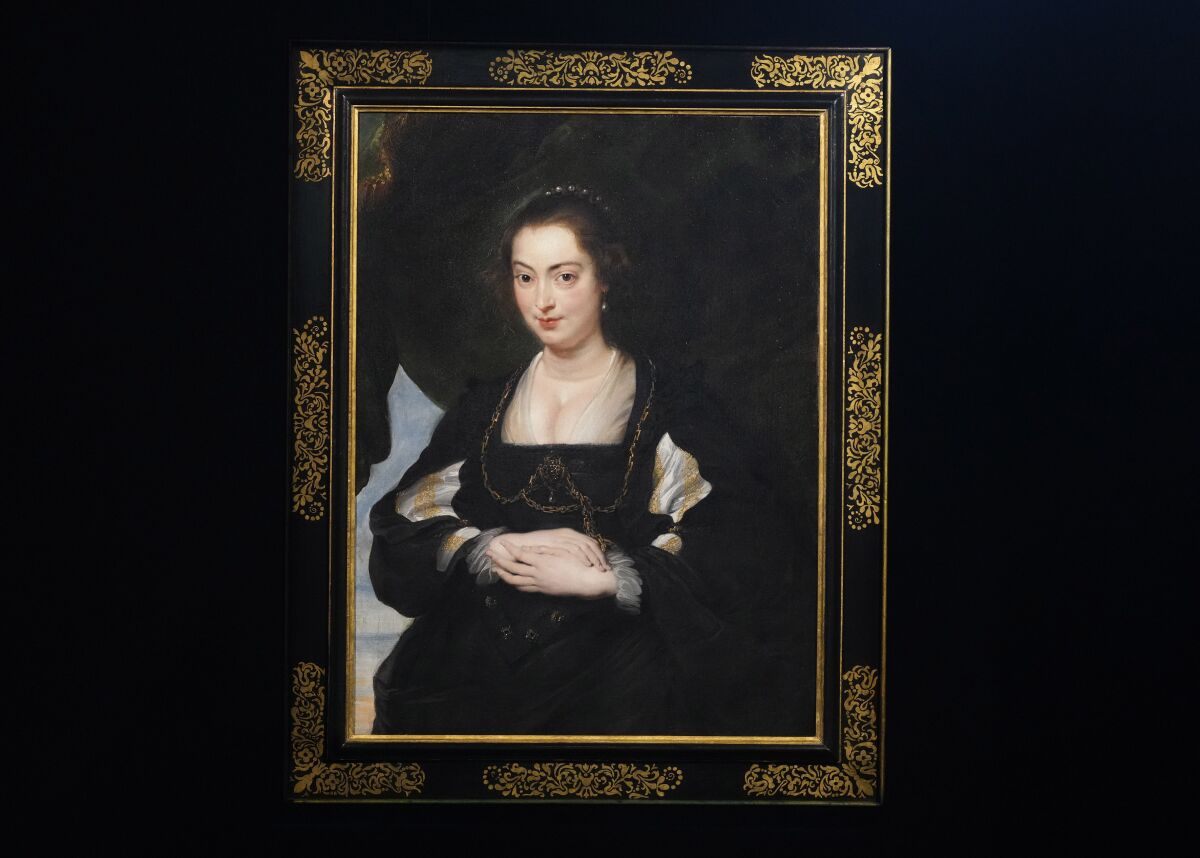 A 17th century masterpiece by Peter Paul Rubens, Portrait of a Lady, at the DESA Unicum auction house in Warsaw, Poland, on Thursday, February 17, 2022. With estimated value at between 18 million and 24 million zlotys ($4.5 million- $6 million) the privately-owned artwork will go on auction here March 17. (AP Photo/Czarek Sokolowski)