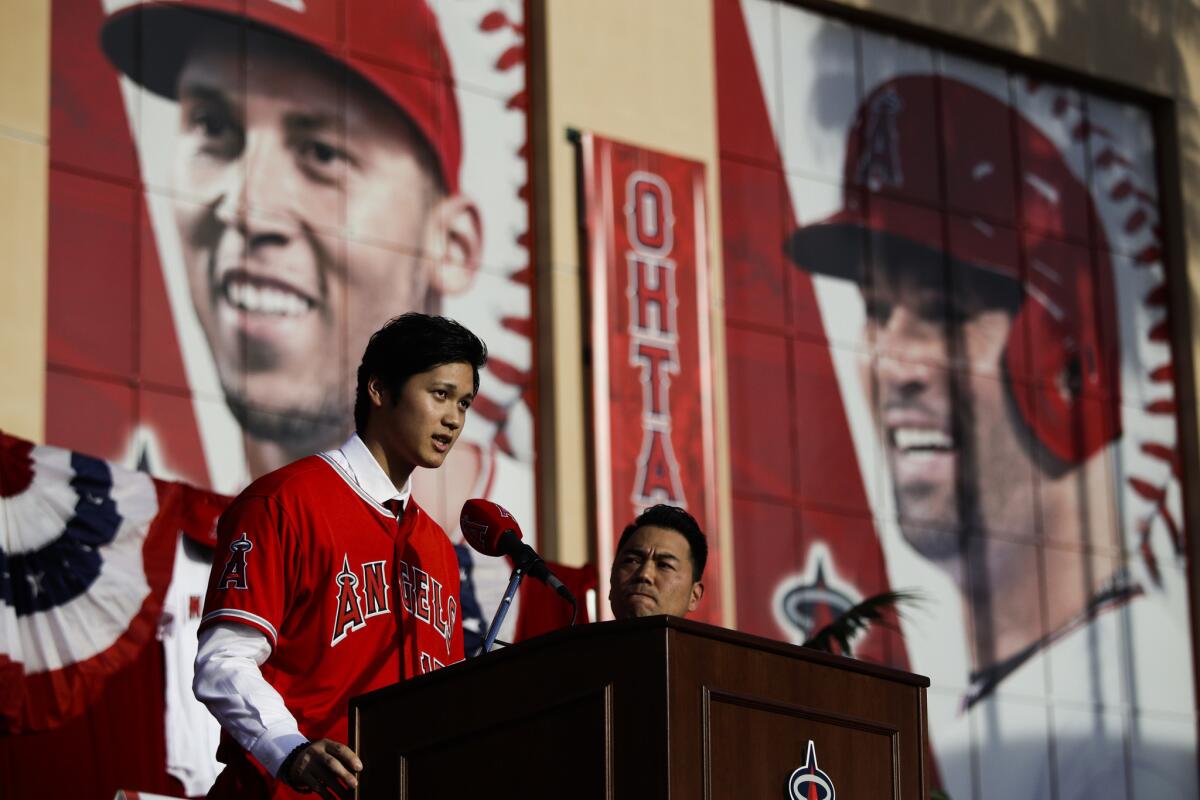Shohei Ohtani speaks during his introductory news conference at Angel Stadium in 2017. 