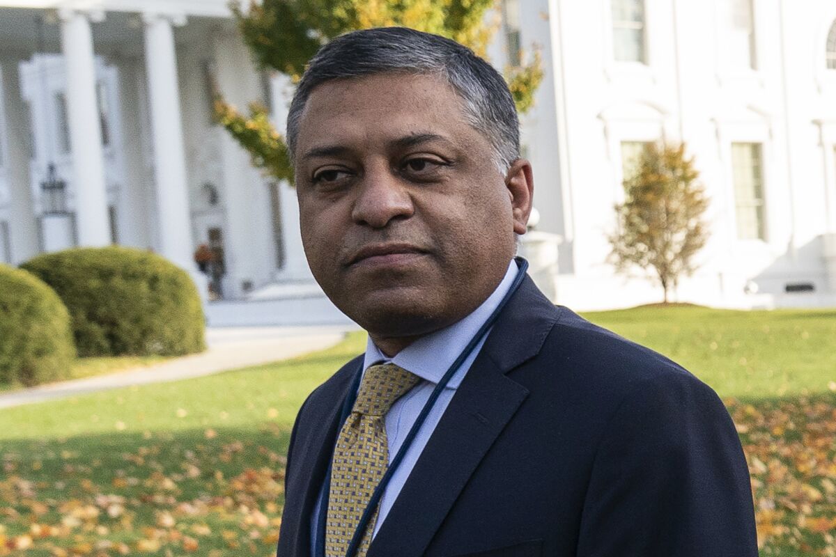 FILE - Dr. Rahul Gupta, the director of the White House Office of National Drug Control Policy, is shown at the White House, Thursday, Nov. 18, 2021, in Washington. Gupta was one of the first witnesses whose video deposition was played at a bench trial Tuesday, April 5, 2022, in which several pharmaceutical manufacturers are accused in a lawsuit of contributing to the crisis. He testified that the opioid epidemic got so bad in drug-ravaged West Virginia that the state was having trouble finding foster parents to care of children. (AP Photo/Alex Brandon, File)