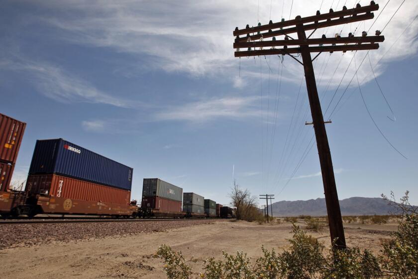 Seib, Al  B582036951Z.1 CADIZ, CA APRIL 18, 2012  Railroad tracks run through Cadiz Ranch in the Mojave desert. Cadiz Inc. hopes to build a conveyance pipeline along the tracks to export groundwater from the Mojave. (Al Seib / Los Angeles Times)