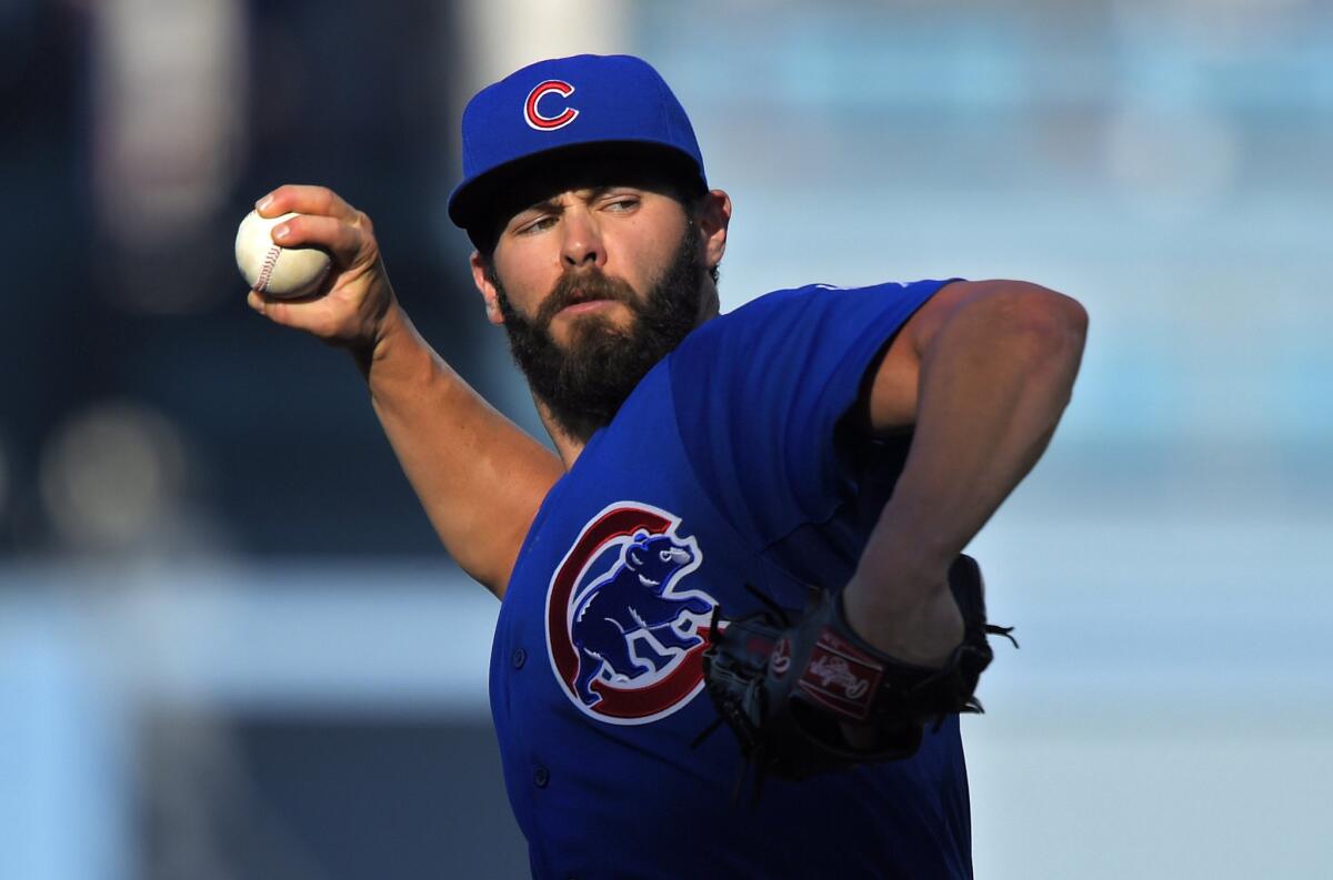 Cubs pitcher Jake Arrieta works during his no-hitter against the Dodgers on Aug. 30, 2015.