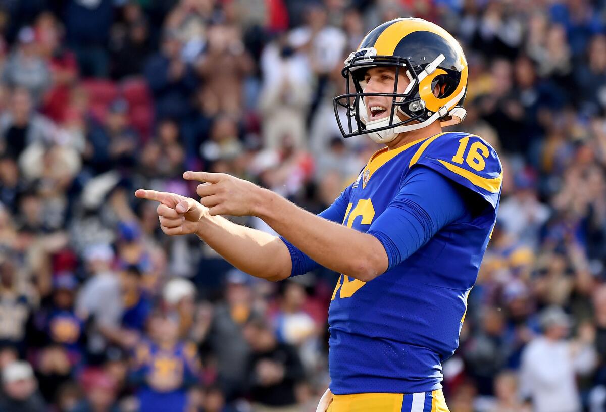 Jared Goff of the Rams will be one half of a dynamic duo of young quarterbacks when Dak Prescott and the Dallas Cowboys visit the Coliseum on Saturday for an NFC playoff game.