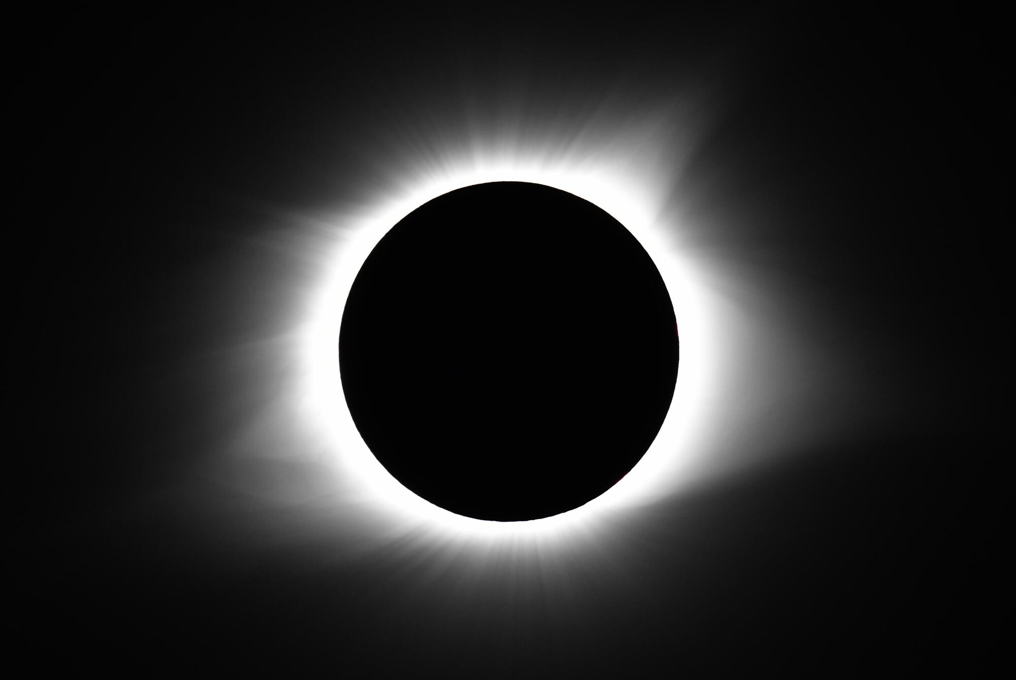 The moon covers the sun during the total solar eclipse in the skies over Cerulean, Ky., on Aug. 21, 2017.