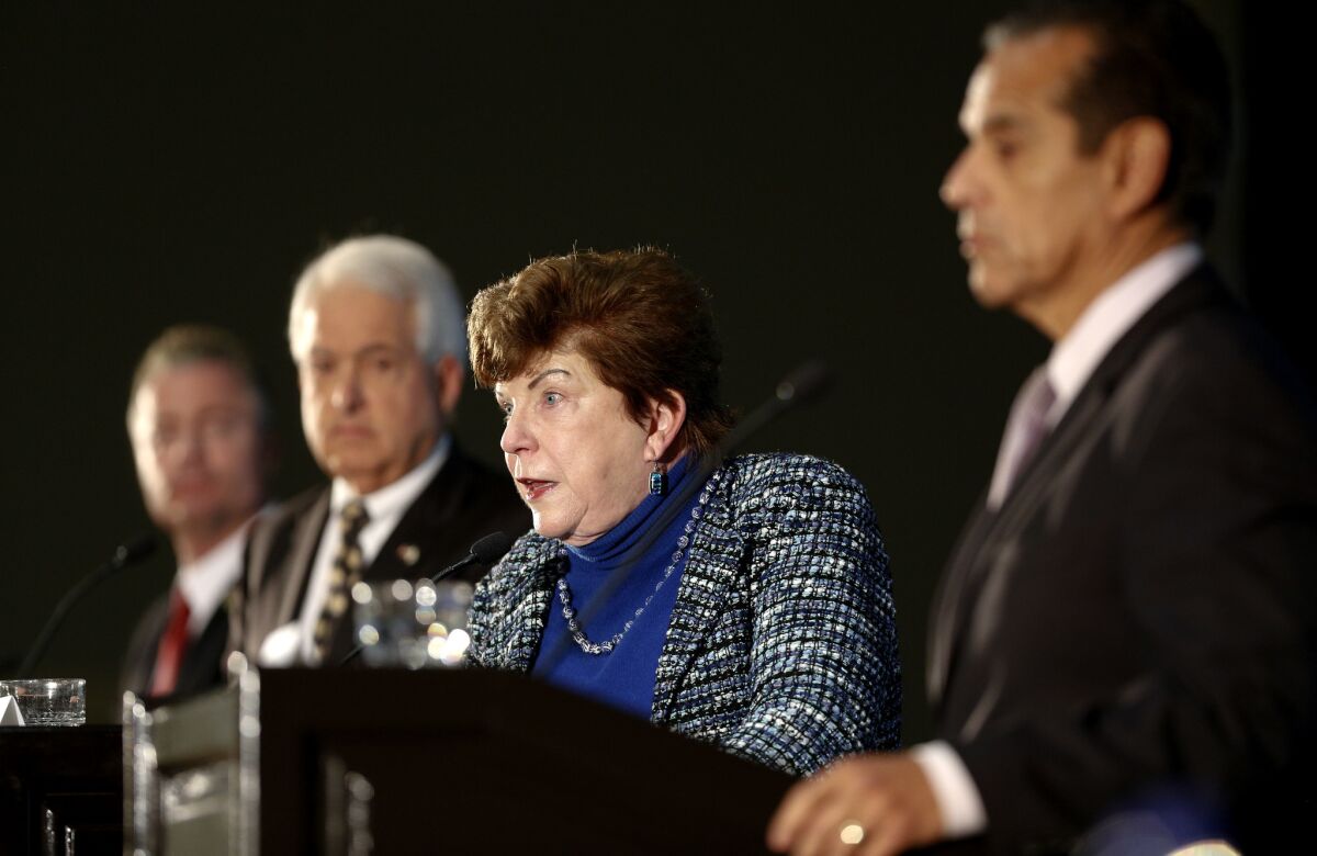 Delaine Eastin (Democrat) takes on a question asked by the panel of local journalist during Sunday's California Gubernatorial Candidates'